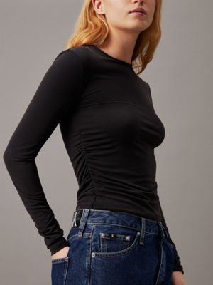 ck black soft jersey pleated top for women calvin klein jeans