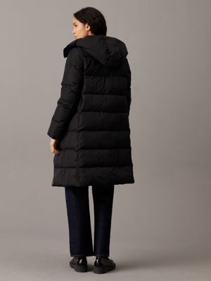 ck black long hooded puffer coat for women calvin klein jeans