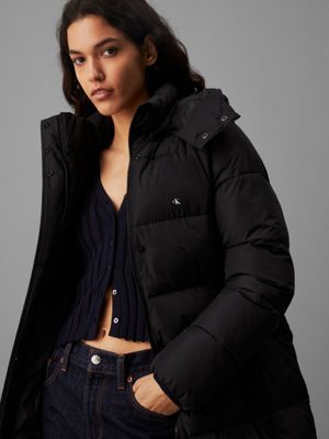 ck black long hooded puffer coat for women calvin klein jeans