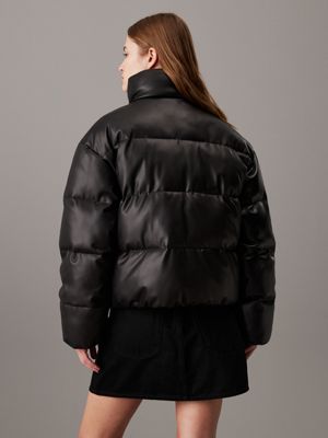 ck black faux leather short puffer jacket for women calvin klein jeans