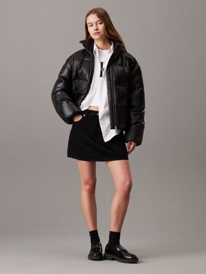 ck black faux leather short puffer jacket for women calvin klein jeans