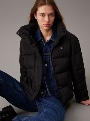 ck black short hooded puffer jacket for women calvin klein jeans