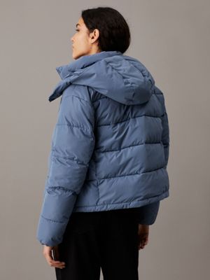 china blue short hooded puffer jacket for women calvin klein jeans