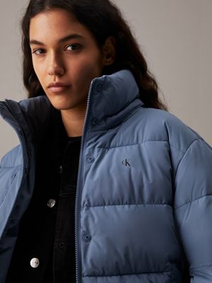 china blue short hooded puffer jacket for women calvin klein jeans