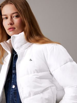 bright white short hooded puffer jacket for women calvin klein jeans