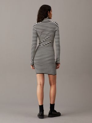 ivory / ck black stripe slim ribbed cotton jumper dress for women calvin klein jeans