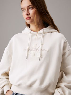 ivory cropped chenille monogram hoodie for women calvin klein jeans