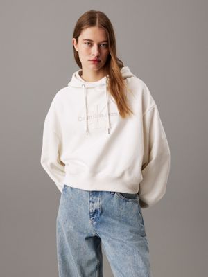 white cropped chenille monogram hoodie for women calvin klein jeans