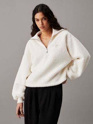 white sherpa half zip sweatshirt for women calvin klein jeans