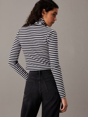 ck black / bright white stripe slim ribbed cotton roll neck top for women calvin klein jeans