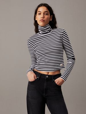 ck black / bright white stripe slim ribbed cotton roll neck top for women calvin klein jeans