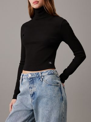 ck black slim ribbed cotton roll neck top for women calvin klein jeans