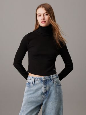 black slim ribbed cotton roll neck top for women calvin klein jeans