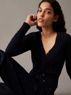 ink / ck black schmaler plattierter cardigan aus baumwolle für damen - calvin klein jeans