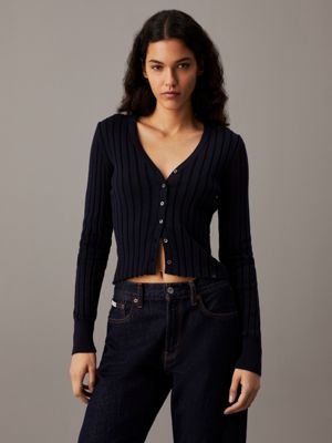 ink / ck black schmaler plattierter cardigan aus baumwolle für damen - calvin klein jeans