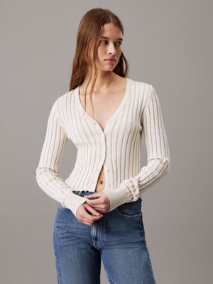 white slim plated cotton cardigan for women calvin klein jeans