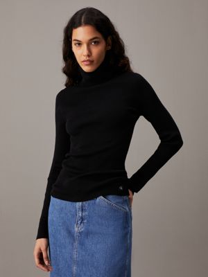 black slim ribbed roll neck jumper for women calvin klein jeans