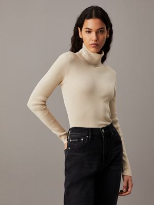 grey slim ribbed roll neck jumper for women calvin klein jeans