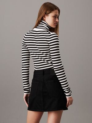 ivory / ck black stripe schmaler gerippter rollkragenpullover für damen - calvin klein jeans