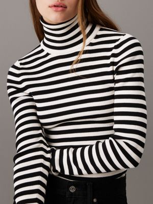 ivory / ck black stripe slim ribbed roll neck jumper for women calvin klein jeans