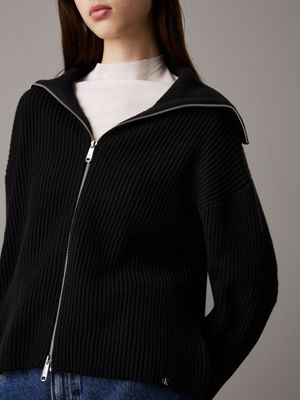 ck black chunky ribbed zip up cardigan for women calvin klein jeans