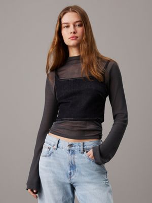 black sheer knit long sleeve top for women calvin klein jeans