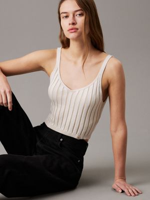 ivory / pelican plated cotton knit bralette top for women calvin klein jeans