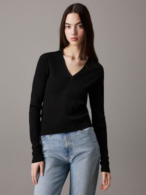 black soft knit v-neck jumper for women calvin klein jeans