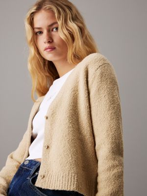 pale khaki cropped textured knit cardigan for women calvin klein jeans