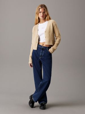 pale khaki cropped textured knit cardigan for women calvin klein jeans