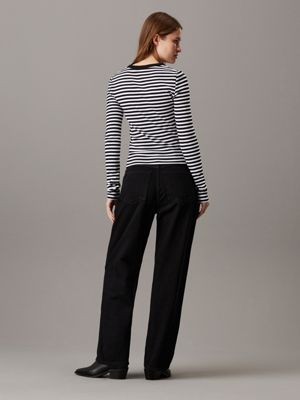 ck black / bright white stripe slim ribbed long sleeve top for women calvin klein jeans