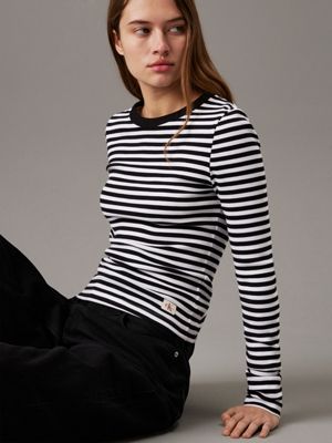 ck black / bright white stripe slim ribbed long sleeve top for women calvin klein jeans