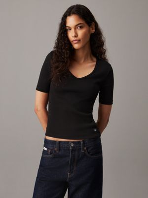 black slim ribbed v-neck t-shirt for women calvin klein jeans