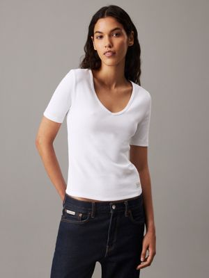 white slim ribbed v-neck t-shirt for women calvin klein jeans