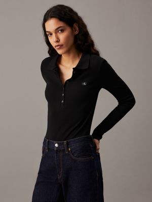 black long sleeve ribbed polo bodysuit for women calvin klein jeans