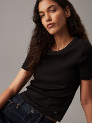 ck black slim ribbed cotton t-shirt for women calvin klein jeans