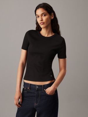 black slim ribbed cotton t-shirt for women calvin klein jeans