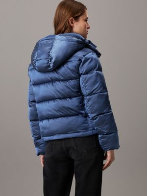 china blue shiny satin puffer jacket for women calvin klein jeans