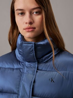 china blue shiny satin puffer jacket for women calvin klein jeans