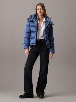 china blue shiny satin puffer jacket for women calvin klein jeans