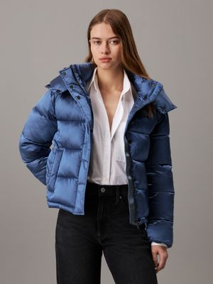 blue shiny satin puffer jacket for women calvin klein jeans