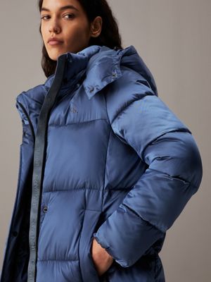 china blue shiny satin puffer coat for women calvin klein jeans