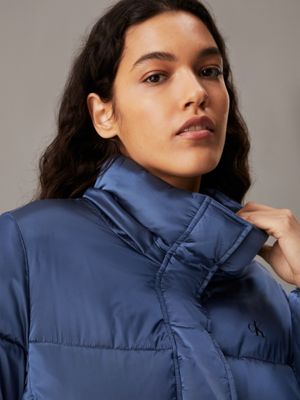 china blue shiny satin puffer coat for women calvin klein jeans