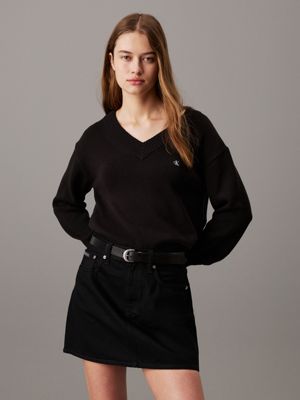 ck black cotton badge v-neck jumper for women calvin klein jeans