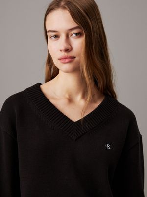 black cotton badge v-neck jumper for women calvin klein jeans