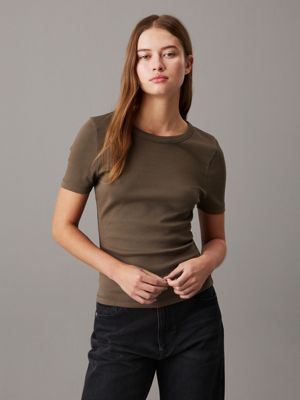 grey washed ribbed cotton t-shirt for women calvin klein jeans