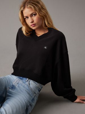 ck black cropped v-neck sweatshirt for women calvin klein jeans