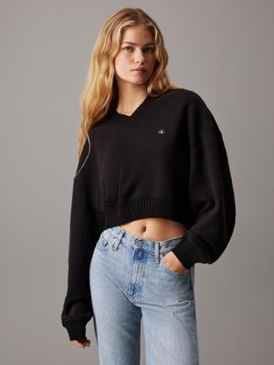 black cropped v-neck sweatshirt for women calvin klein jeans