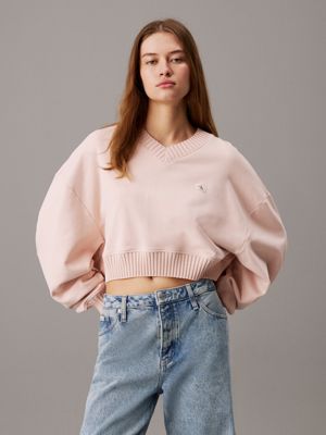 pink cropped v-neck sweatshirt for women calvin klein jeans