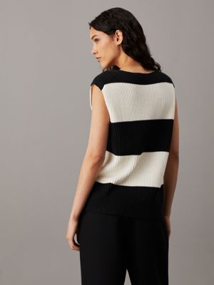 ivory / ck black stripe chunky ribbed cotton vest for women calvin klein jeans